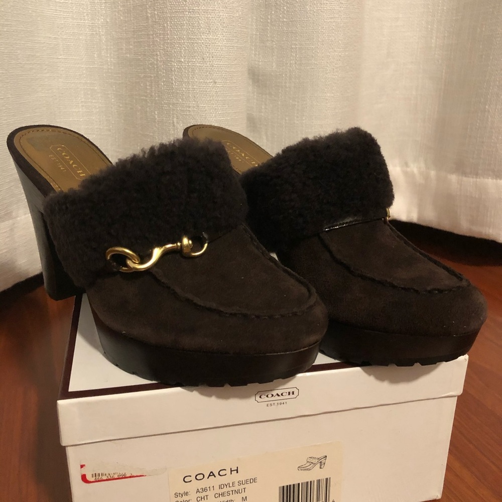 Coach Brown and Gold Mules with Gold Hardware